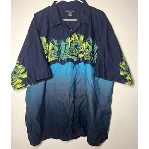 Y2K 90s No Boundaries Men's Cotton Graffiti Print Button-Up Shirt 2XL Navy/Green